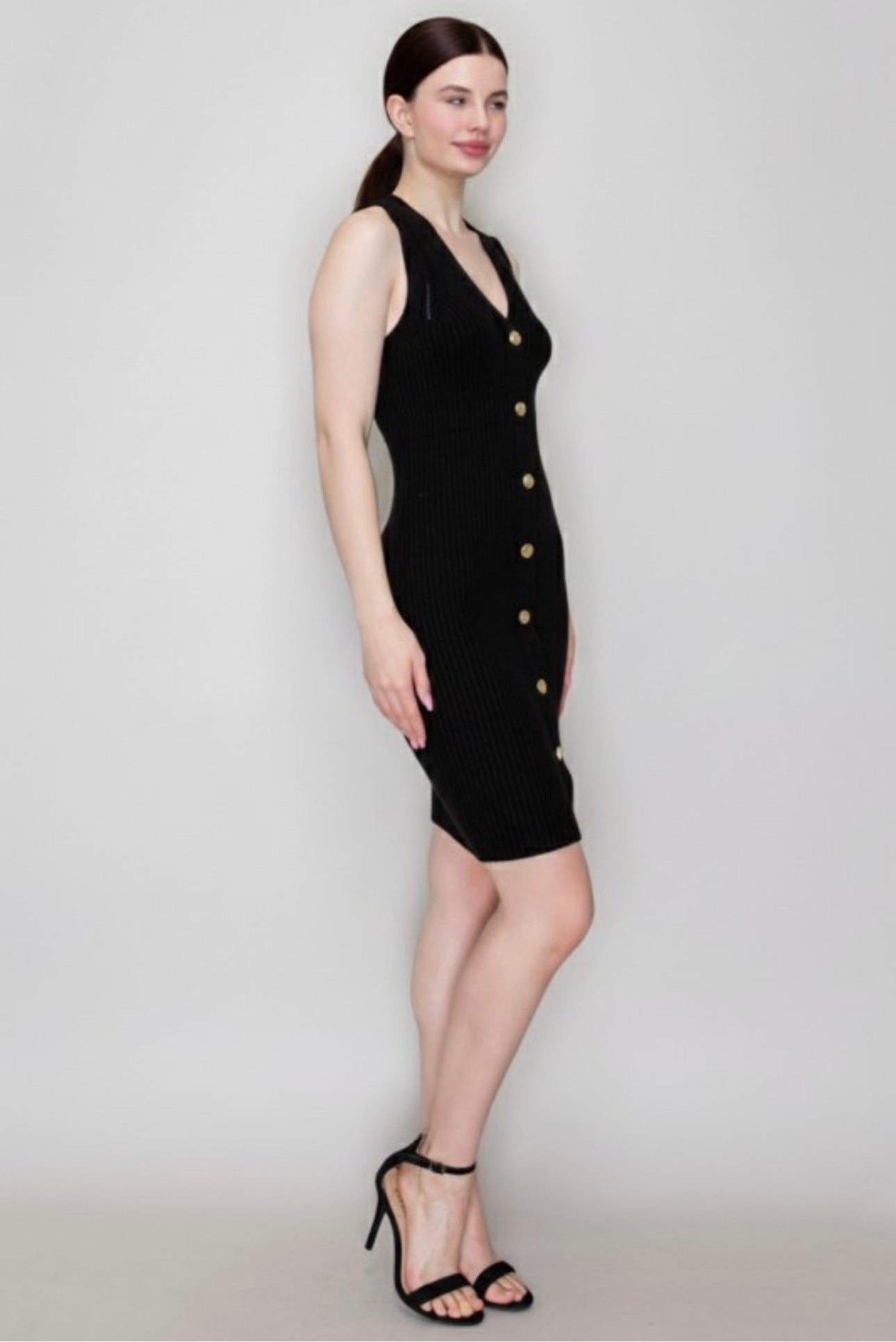 Ribbed Midi Sleeveless V Sweater Dress with Gold Buttons