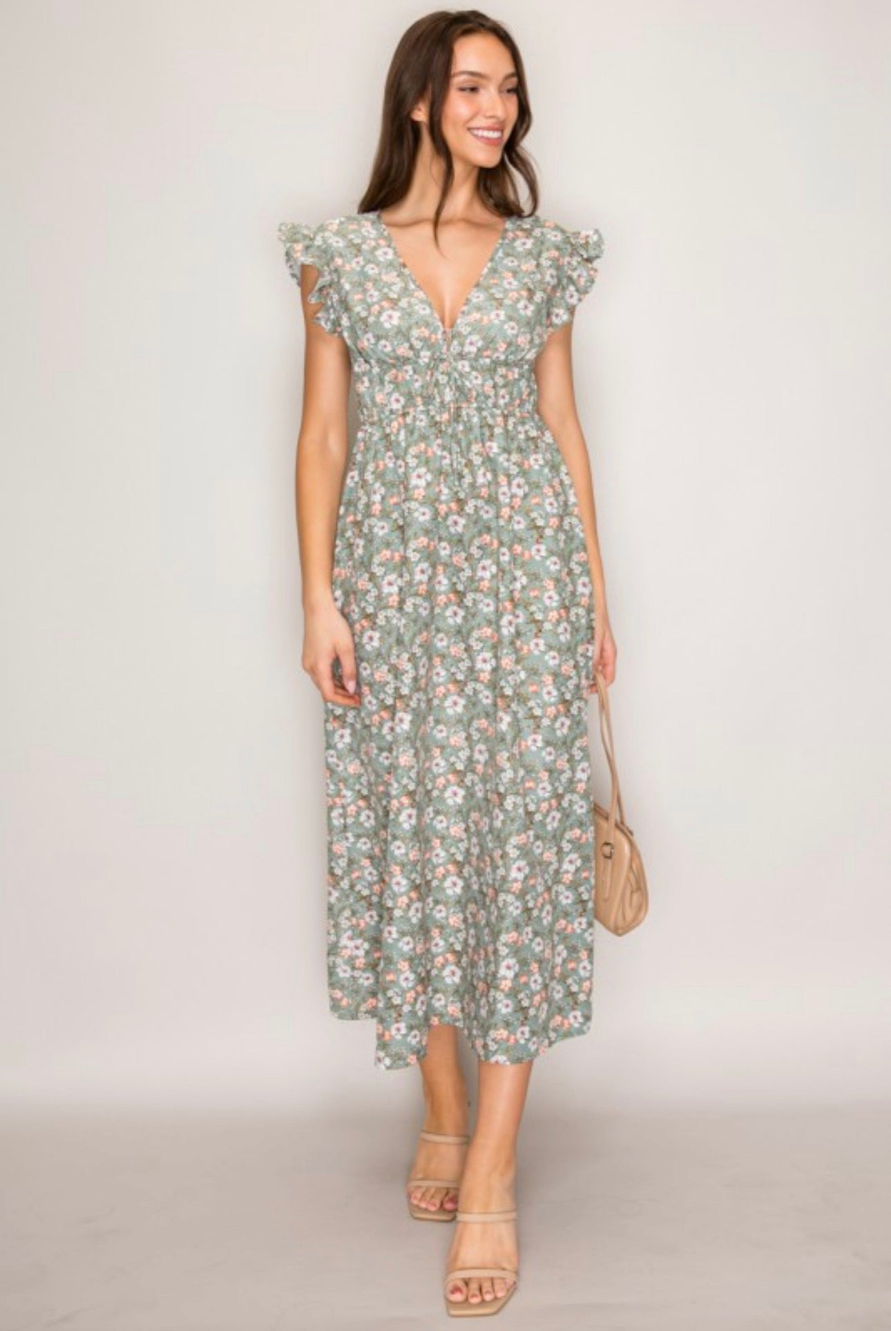 Spring Green Floral V-neck Short Sleeve Maxi Dress