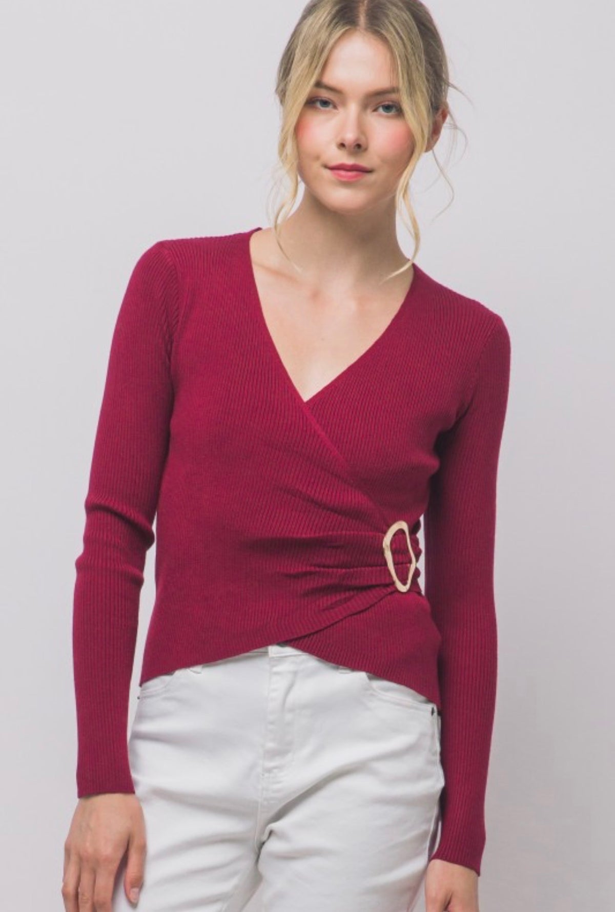 Rib Wrap V Neck Long Sleeve with Gold Accent