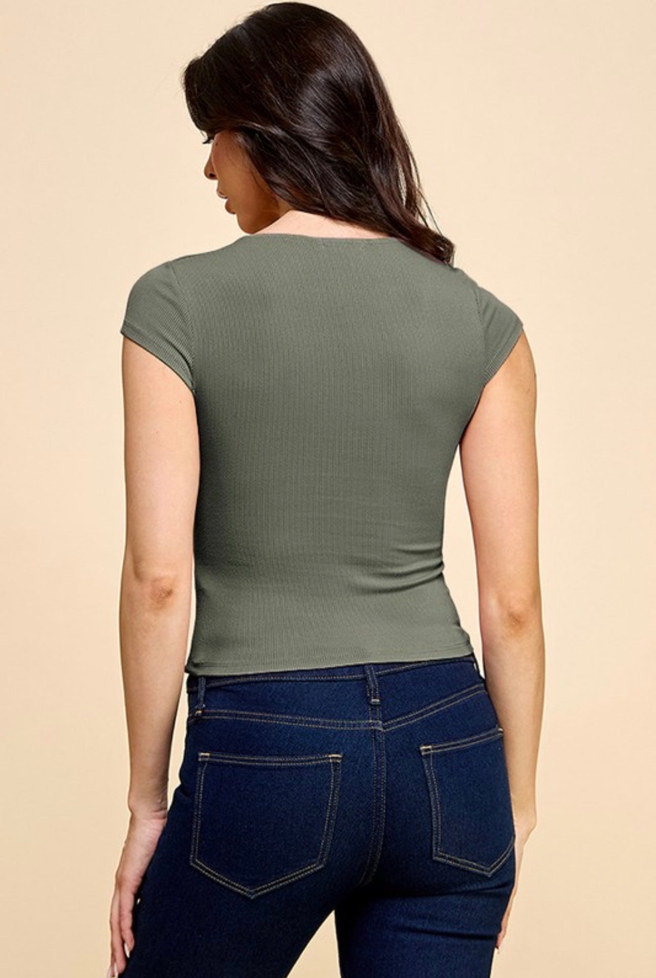 Ribbed V Neck Cap Sleeve Crop