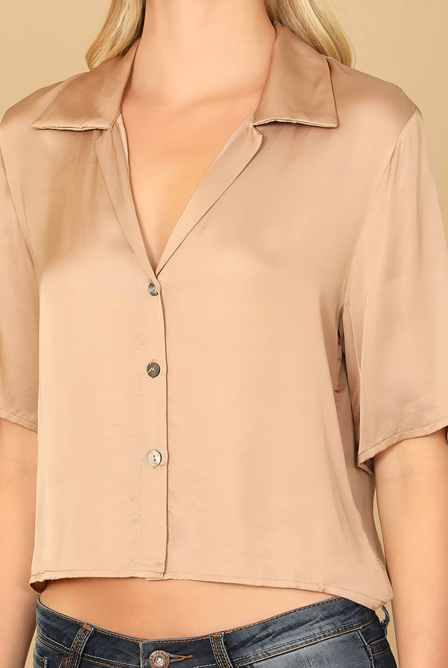 Satin Button Up Short Sleeve Top