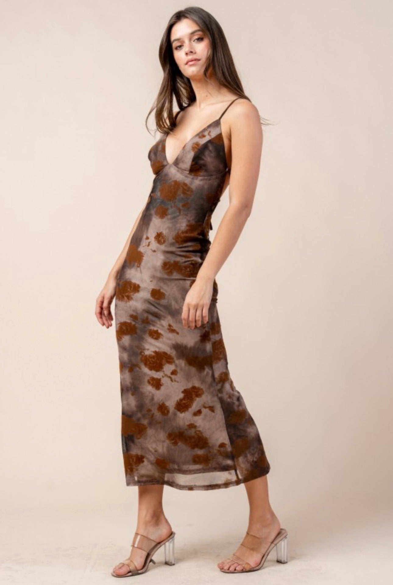 Autumn Abstract V Neck Lace-up Back Maxi Dress