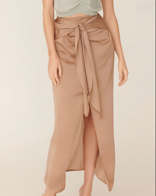 Satin Front Tie Midi Skirt