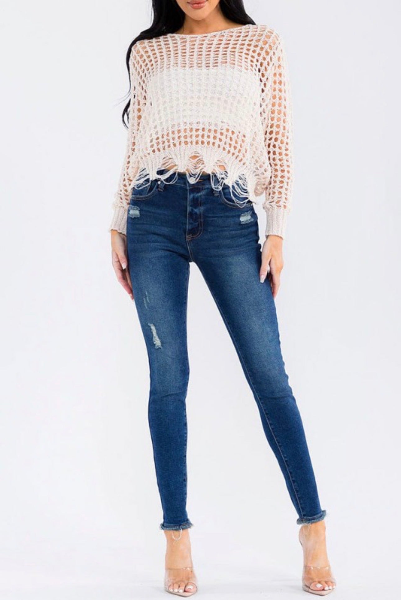 Open Knit Distressed Hem Long Sleeve Top