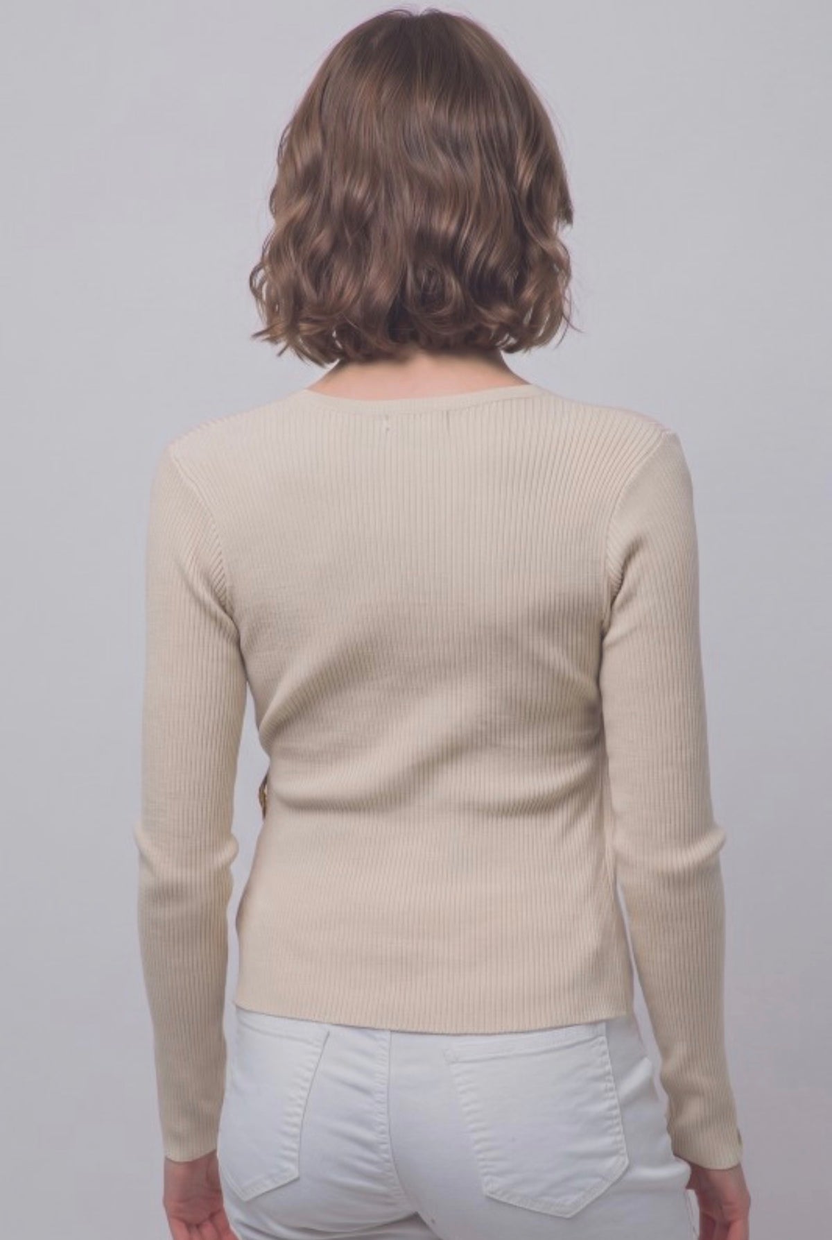 Rib Wrap V Neck Long Sleeve with Gold Accent