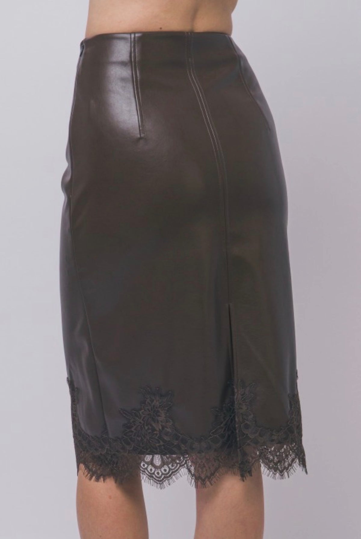 Lace Hem Leather Midi Skirt with Back Slit