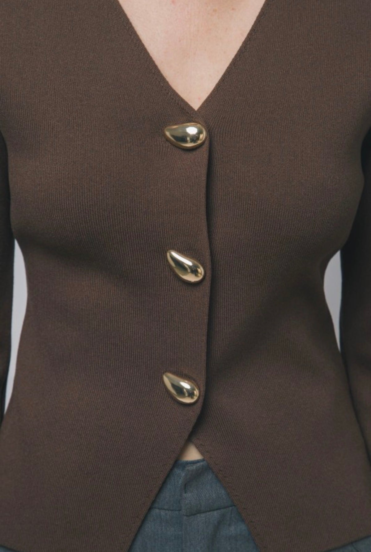 Split Front Ribbed Gold Button Front Cardigan