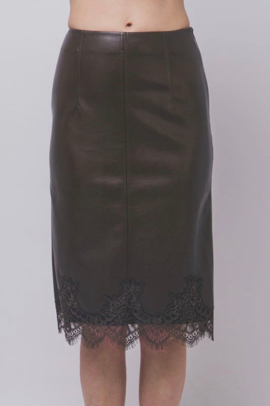 Lace Hem Leather Midi Skirt with Back Slit