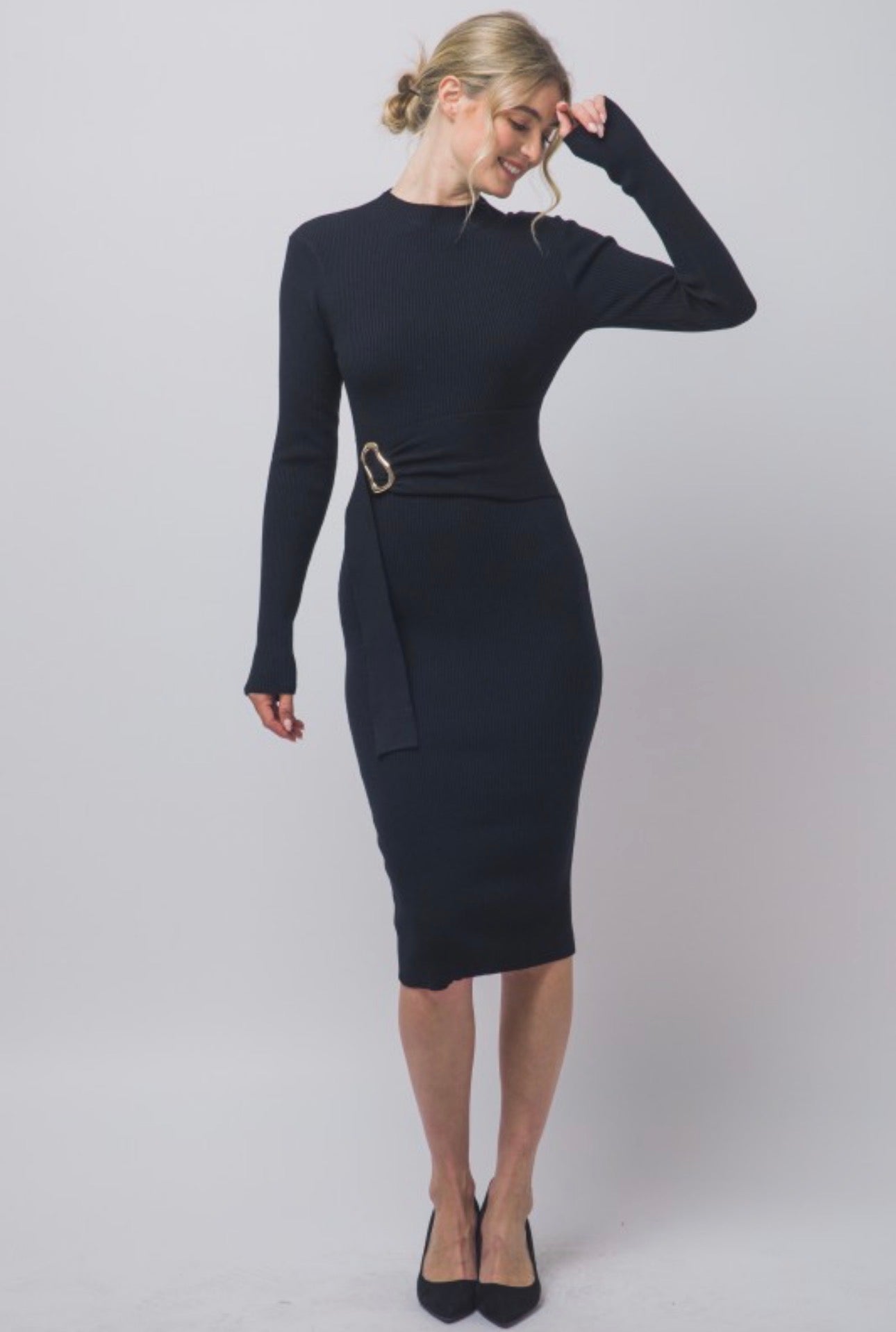 Mock Neck Long Sleeve Sweater Midi Dress with Tie Waist