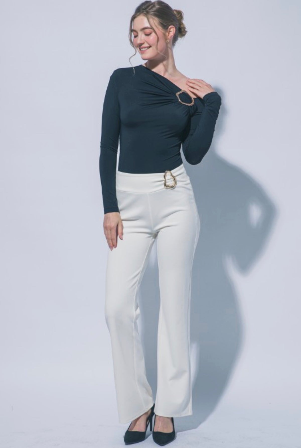 Ruche One-Shoulder Long Sleeve Bodysuit with Gold Accent