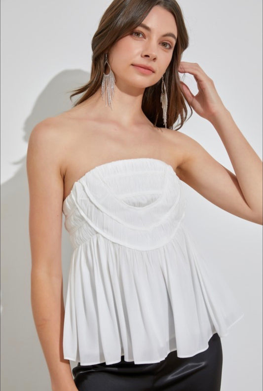 White Strapless Ruffled Flow Top