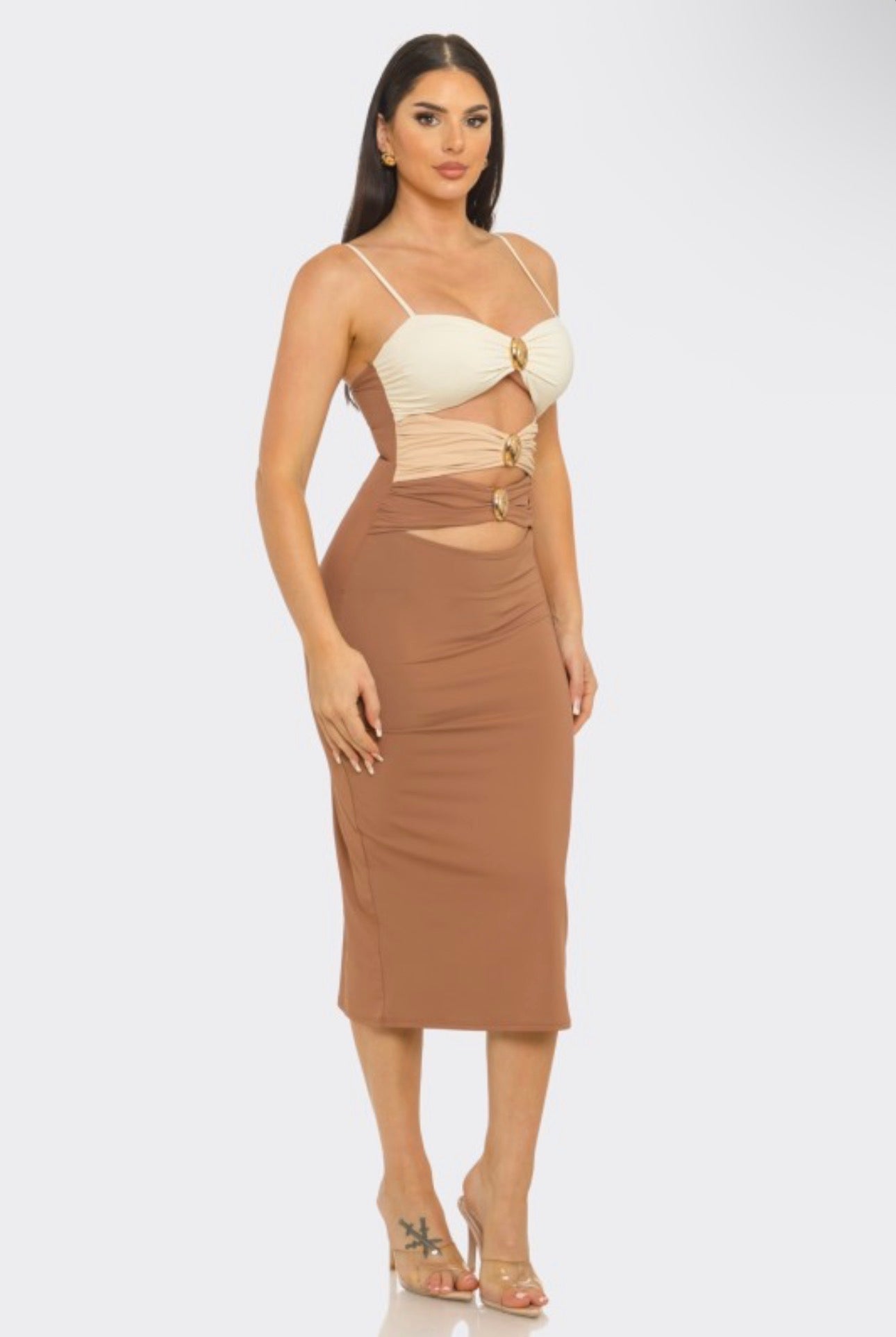 Nude Color Block Midi Dress with Gold Accent