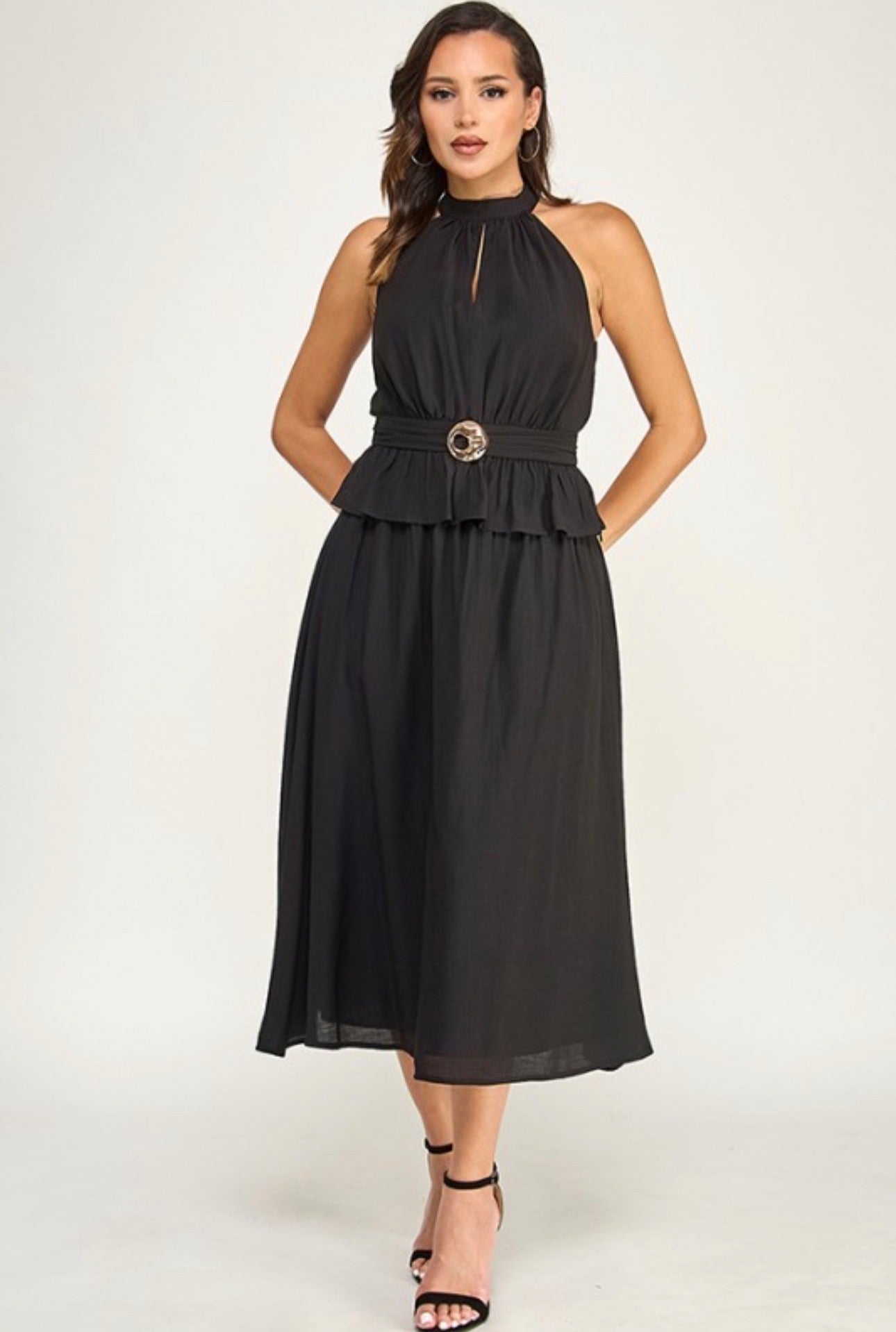 Linen Halter and Midi Skirt Set with Gold Accent
