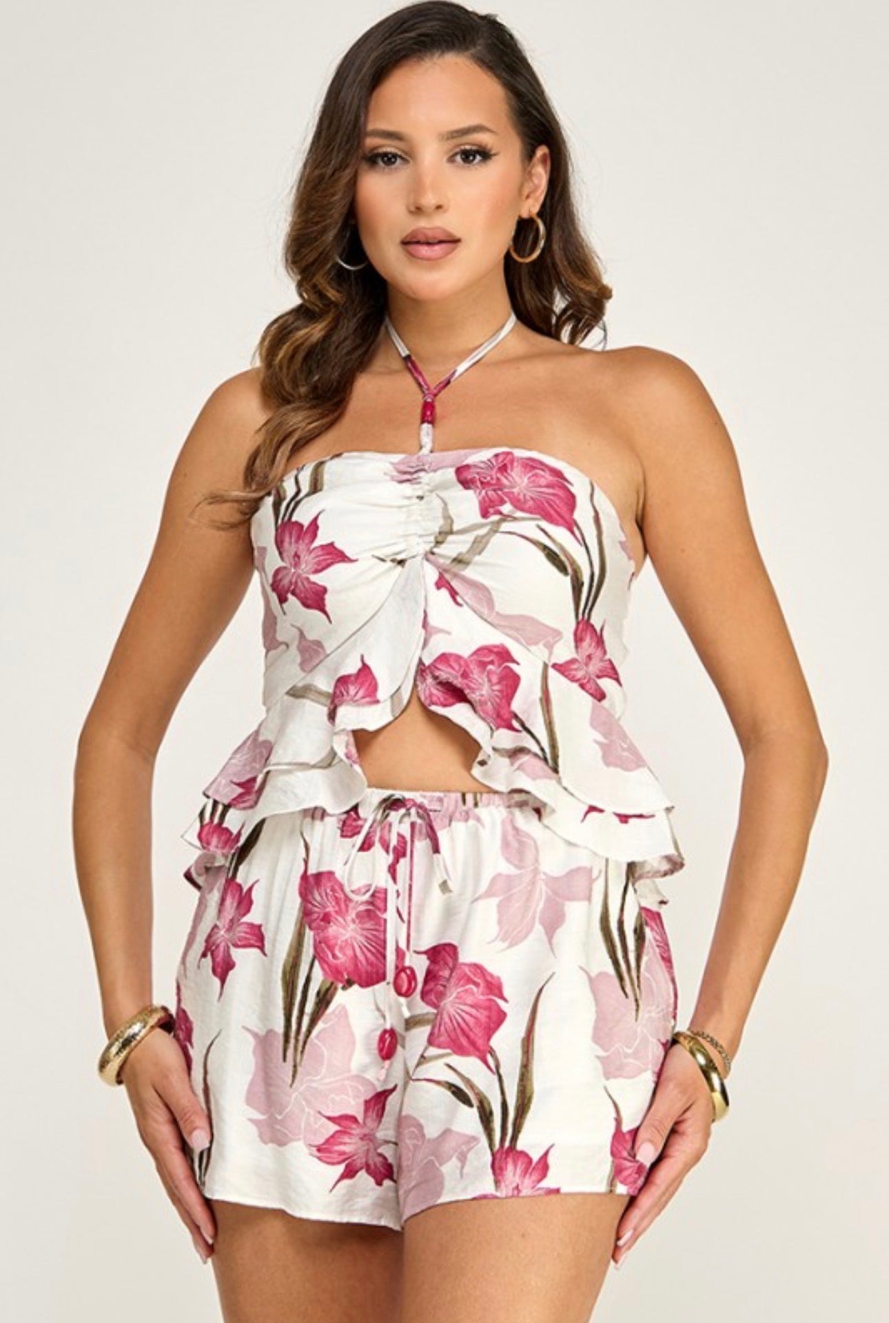 Berry Floral Tie Halter and Flow Shorts Set