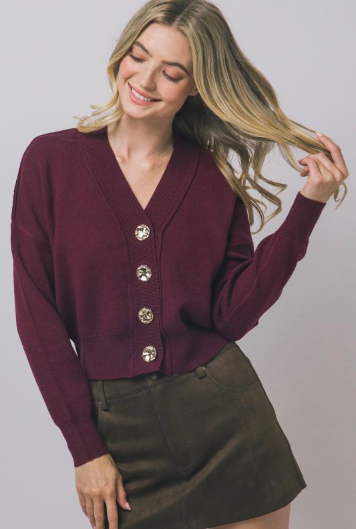 V Neck Cardigan with Gold Abstract Buttons