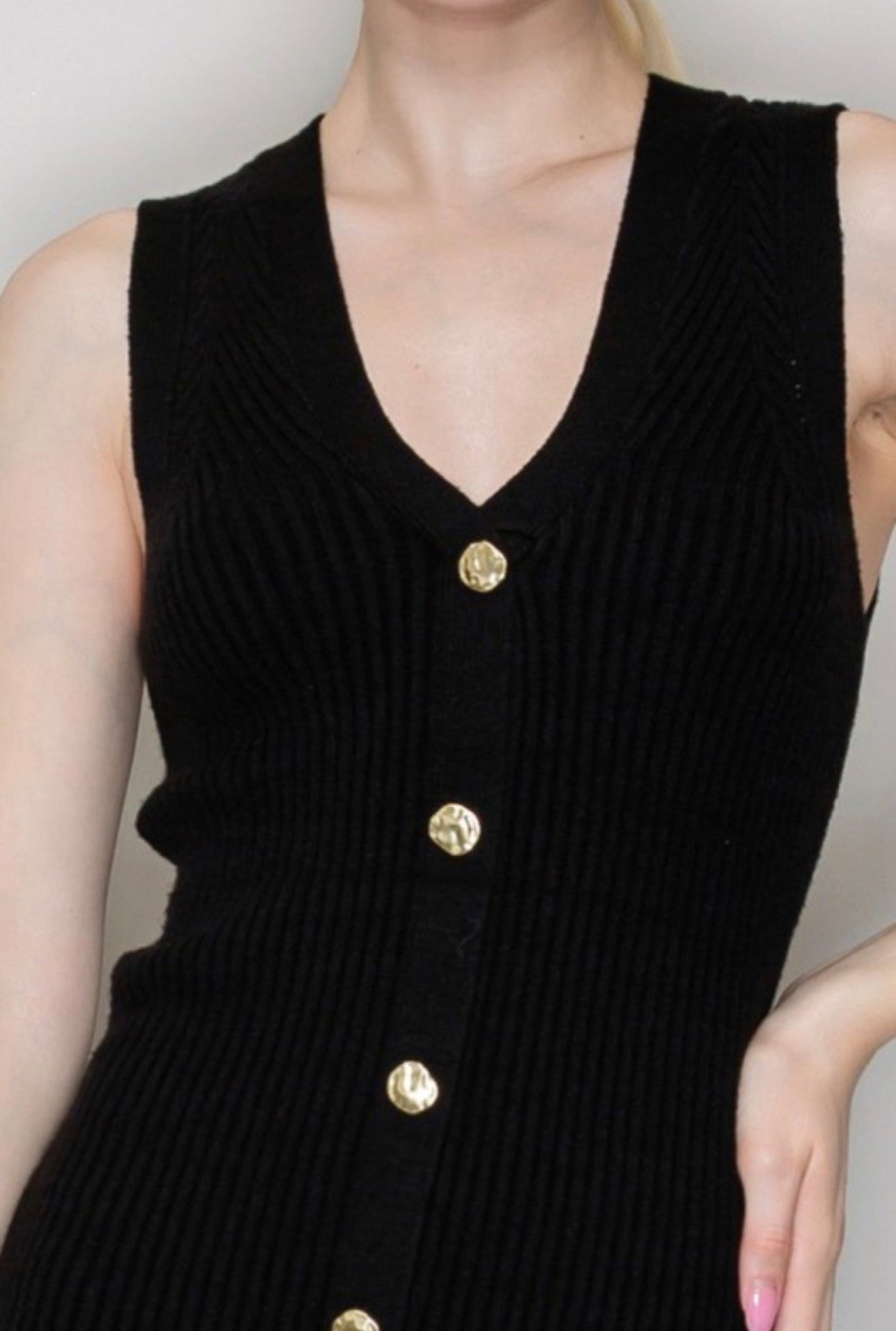 Ribbed Midi Sleeveless V Sweater Dress with Gold Buttons
