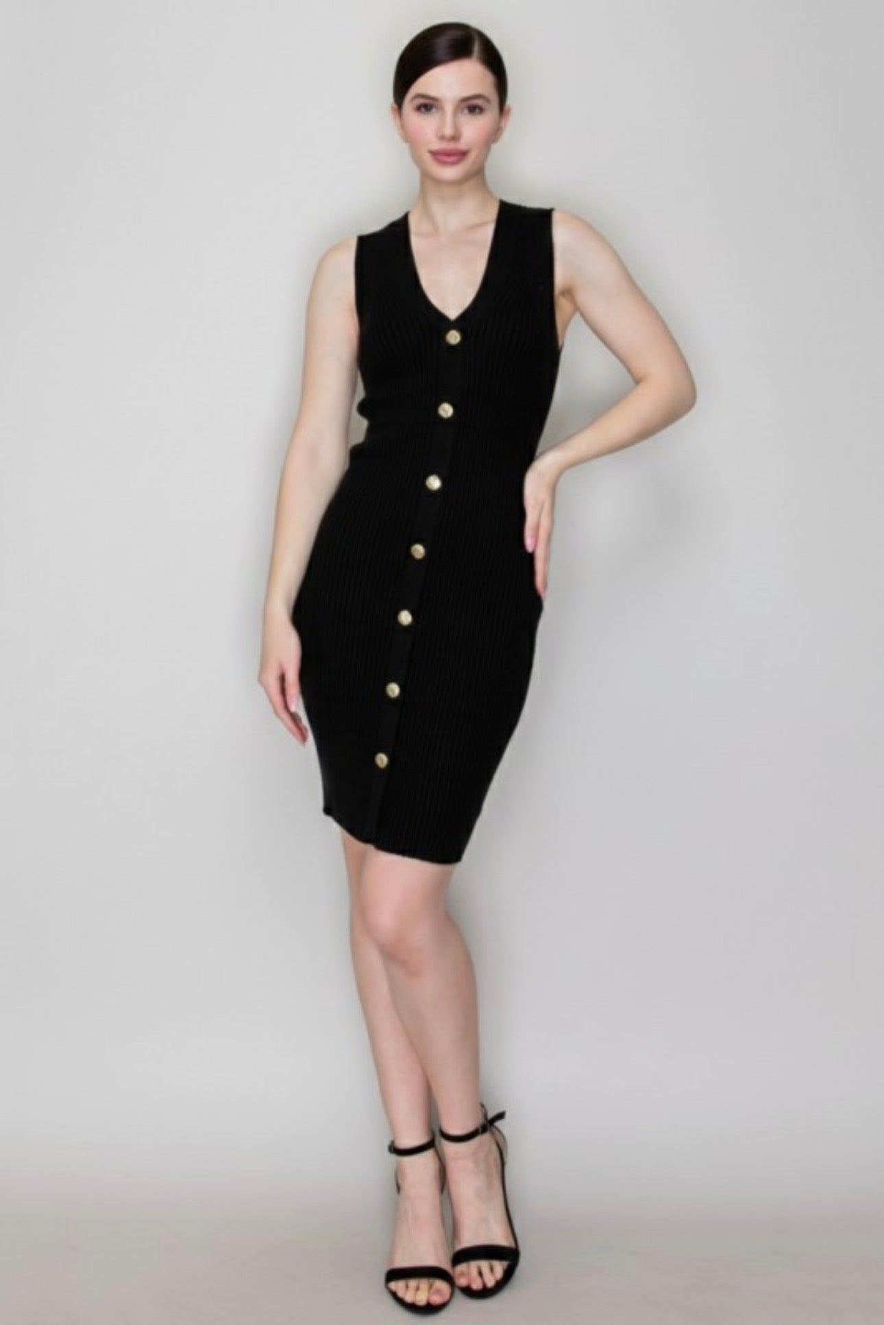 Ribbed Midi Sleeveless V Sweater Dress with Gold Buttons