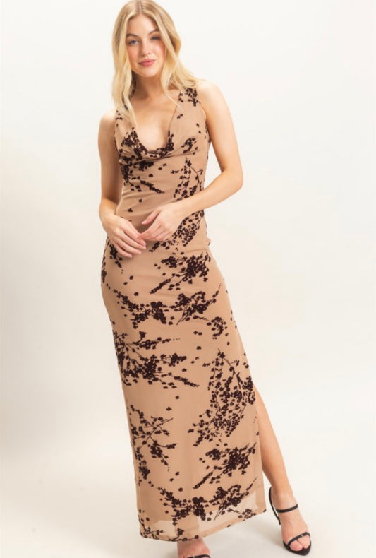 Nude Mesh Velvet Floral Cowl Neck Maxi Dress