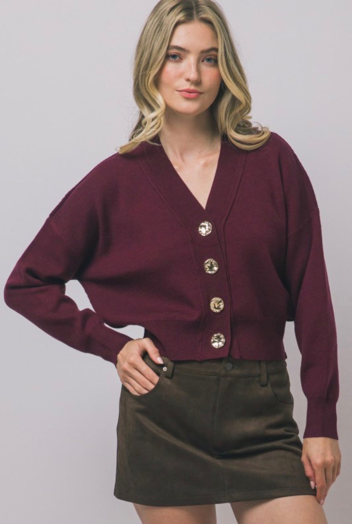 V Neck Cardigan with Gold Abstract Buttons