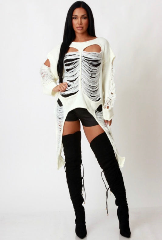 Distressed Hollow Knit Poncho