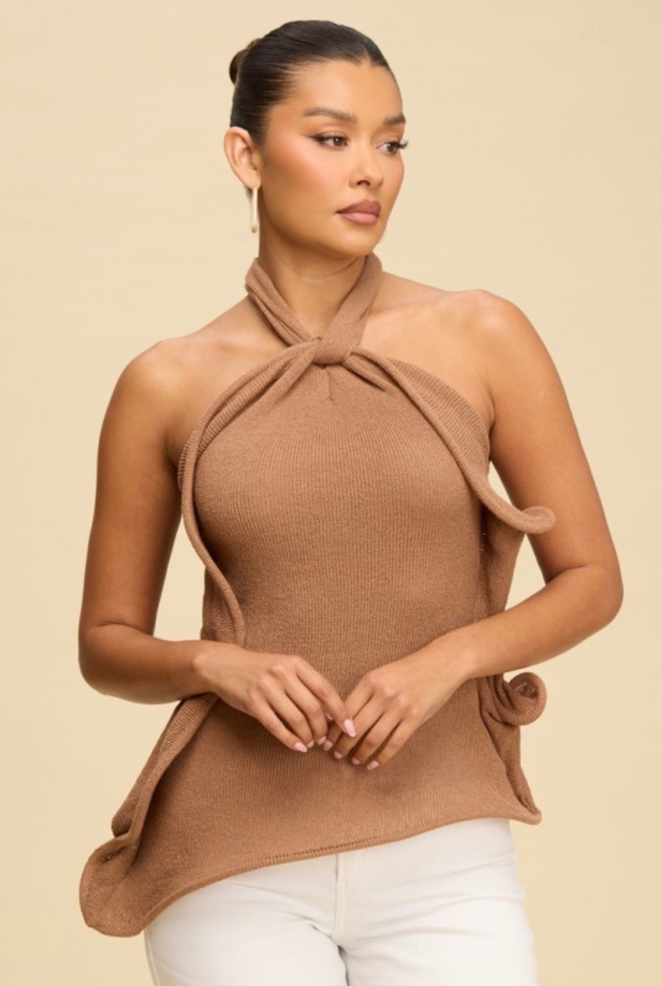 Asymmetrical Knit Side Ruffle Halter Top