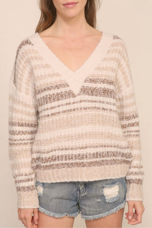 V Neck Knit Tri-Color Sweater