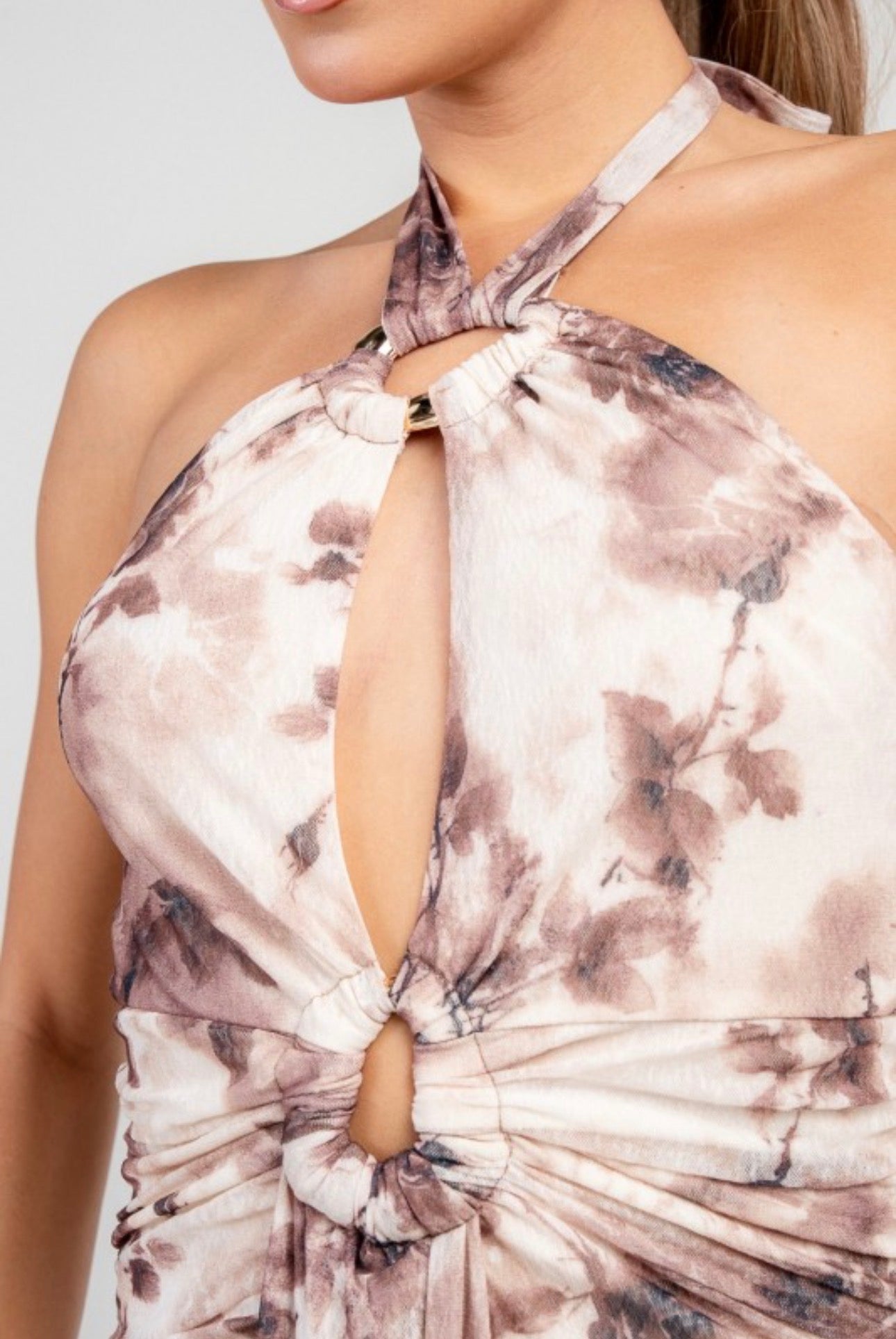 Brown Floral Halter Drape Maxi Dress