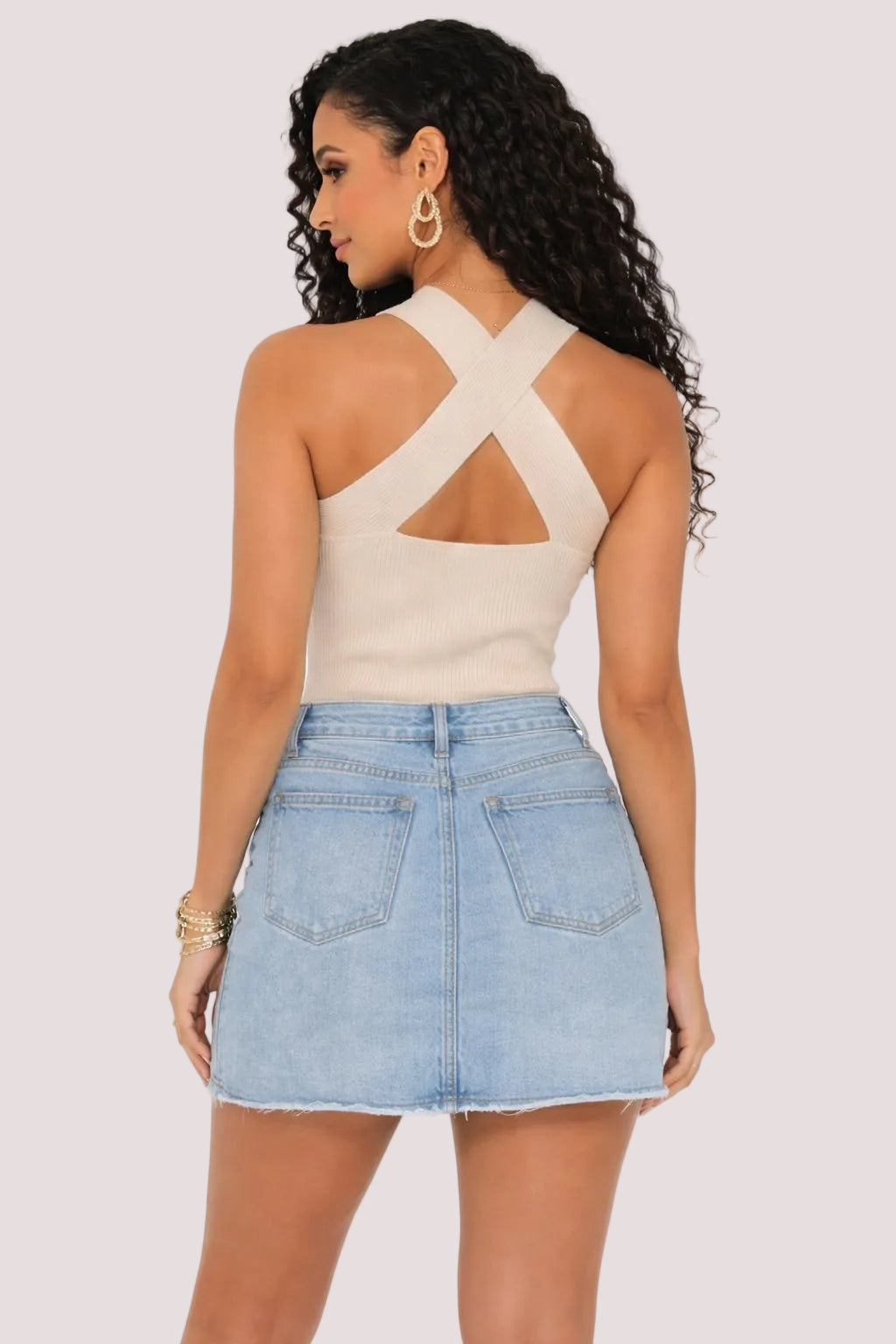 Cream Ribbed Cross Front Halter Top