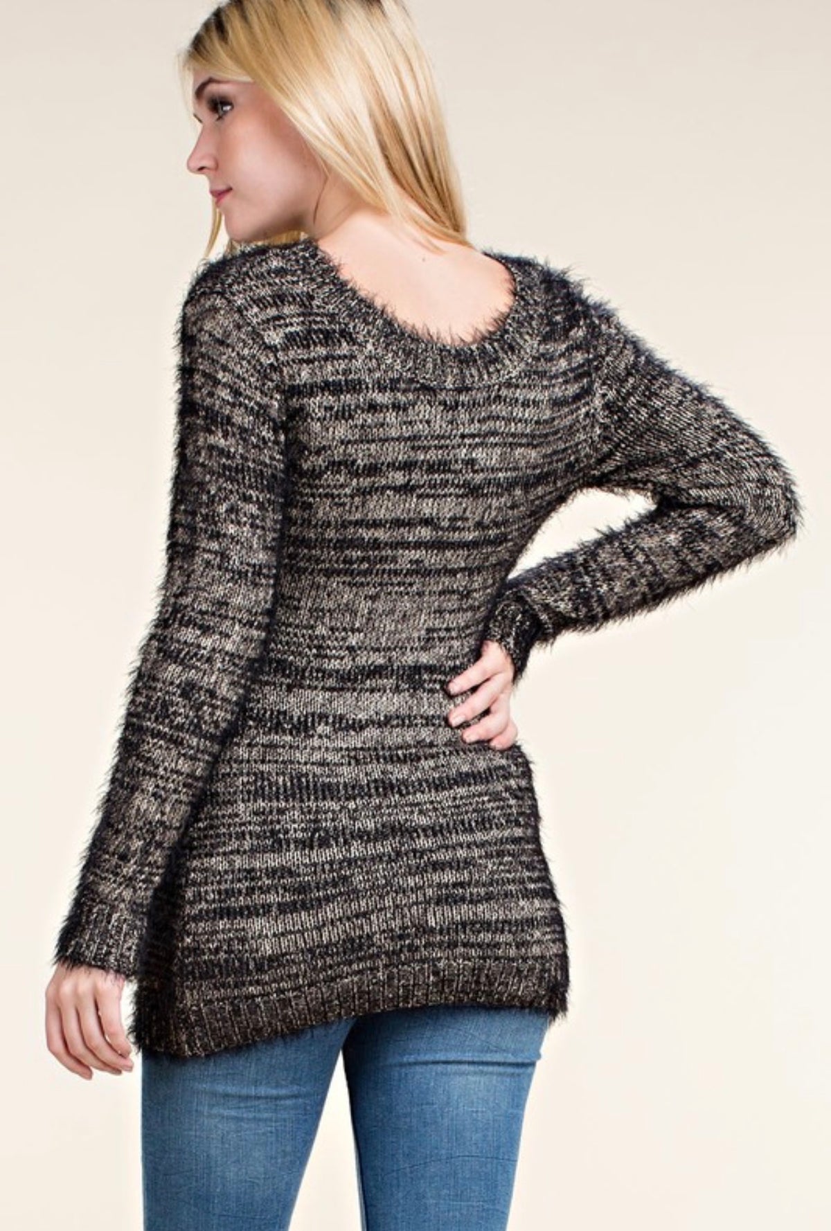 Fuzzy Shimmer Knit Distressed Sweater