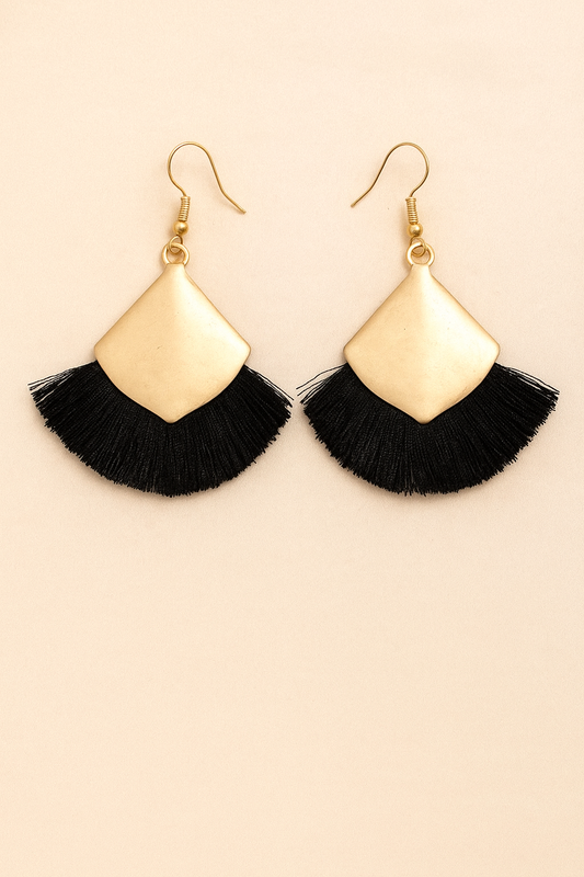 Gold Dangle with Black Tassel Earrings