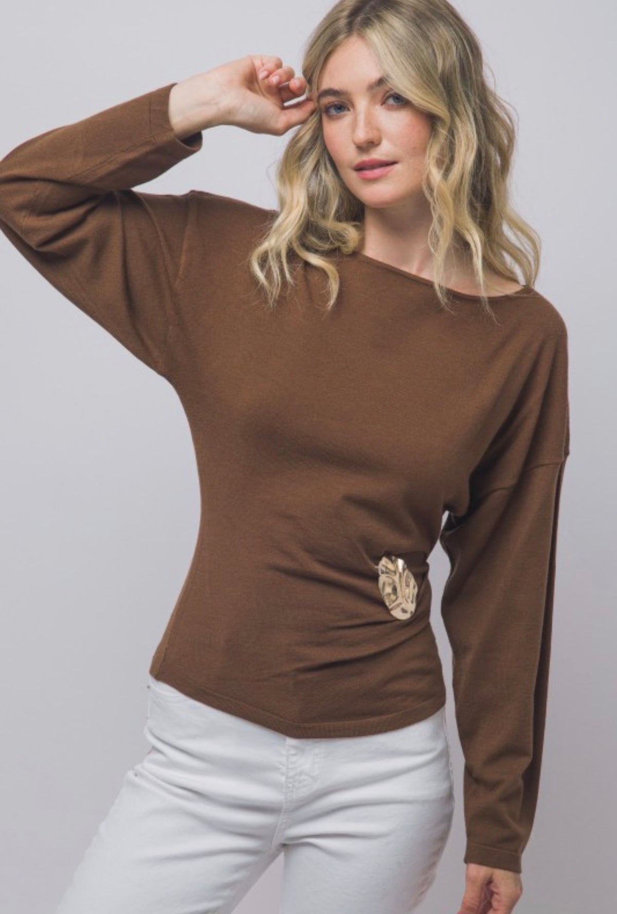 Boat Neck Long Sleeve Ruched with Gold Accent