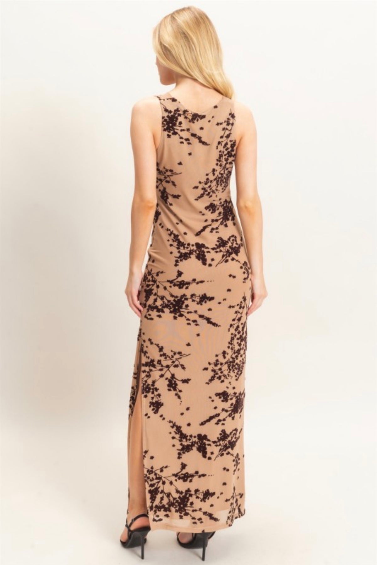 Nude Mesh Velvet Floral Cowl Neck Maxi Dress