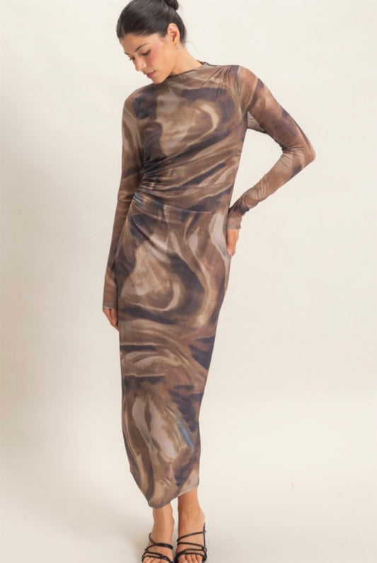 Abstract Brown Scrunch Side Long Sleeve Maxi Dress