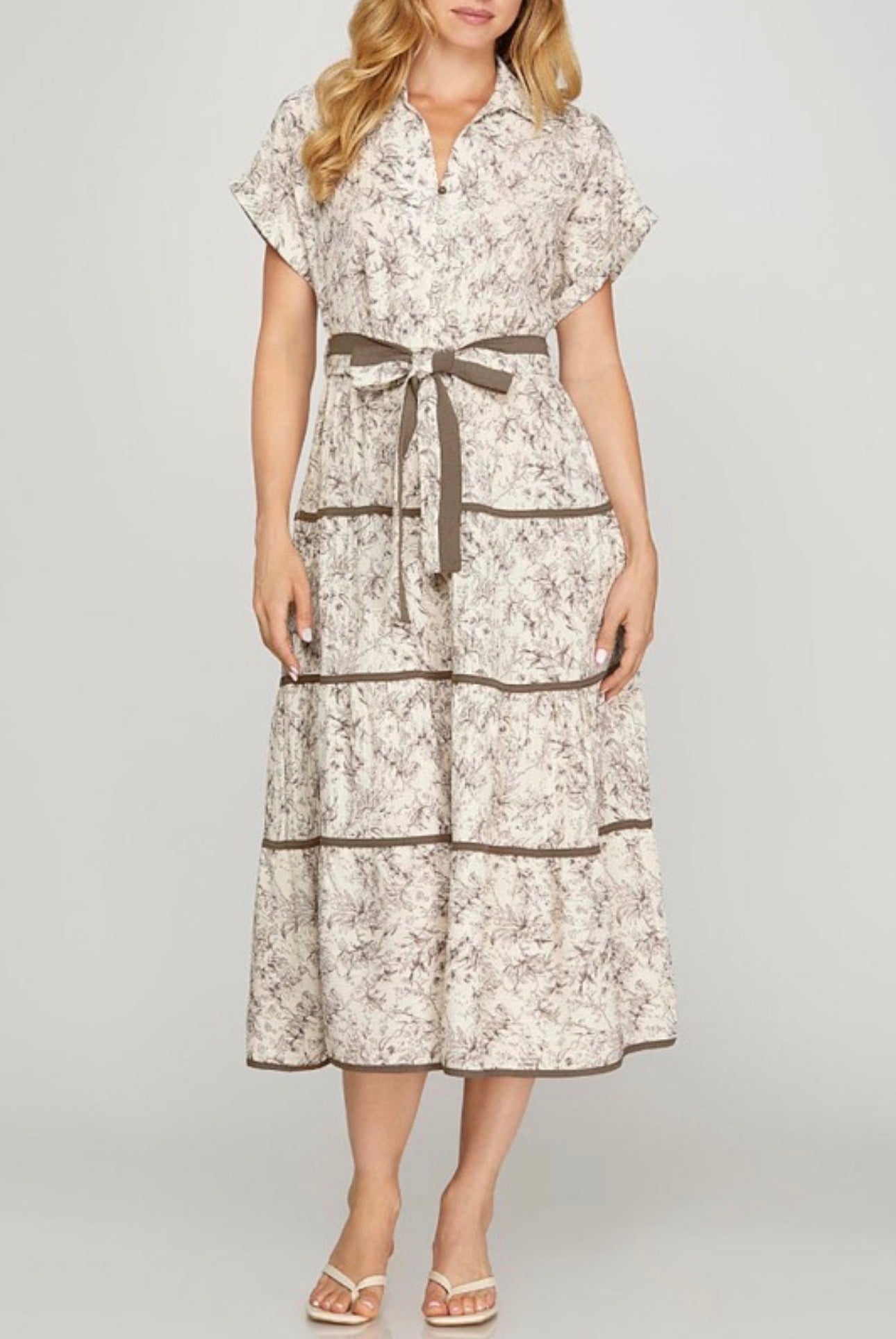 Button Front Floral Linen Maxi Dress with Tie Waist