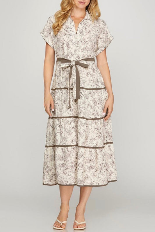Button Front Floral Linen Maxi Dress with Tie Waist