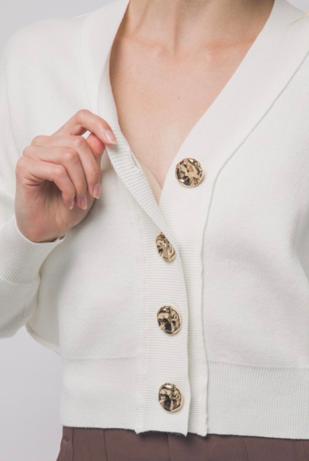 V Neck Cardigan with Gold Abstract Buttons