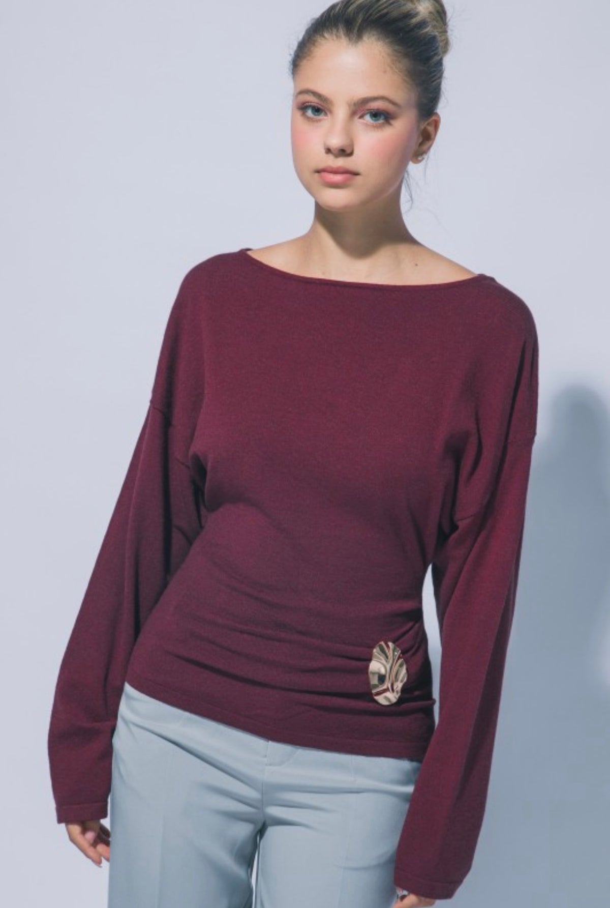 Boat Neck Long Sleeve Ruched with Gold Accent