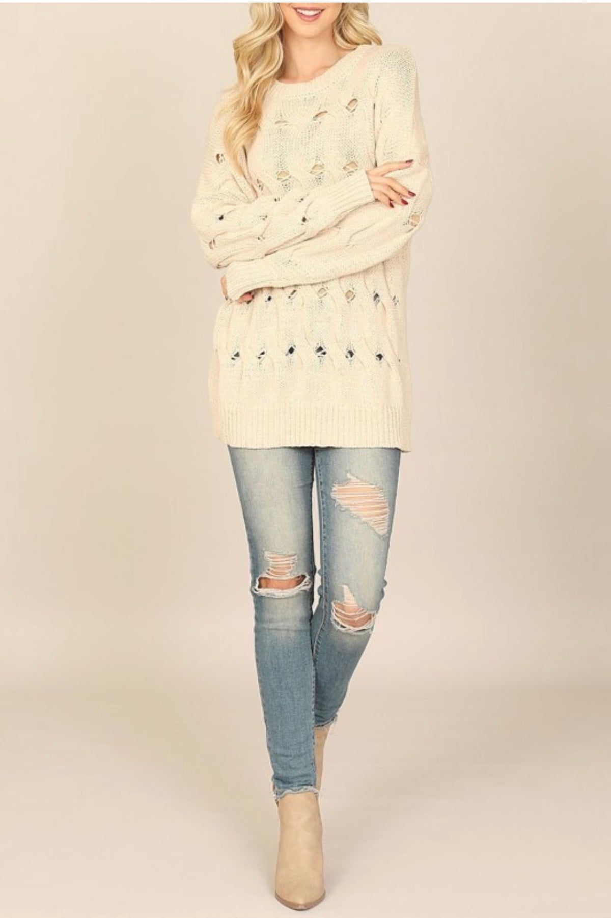 Distressed Ladder Open Cable Knit Sweater
