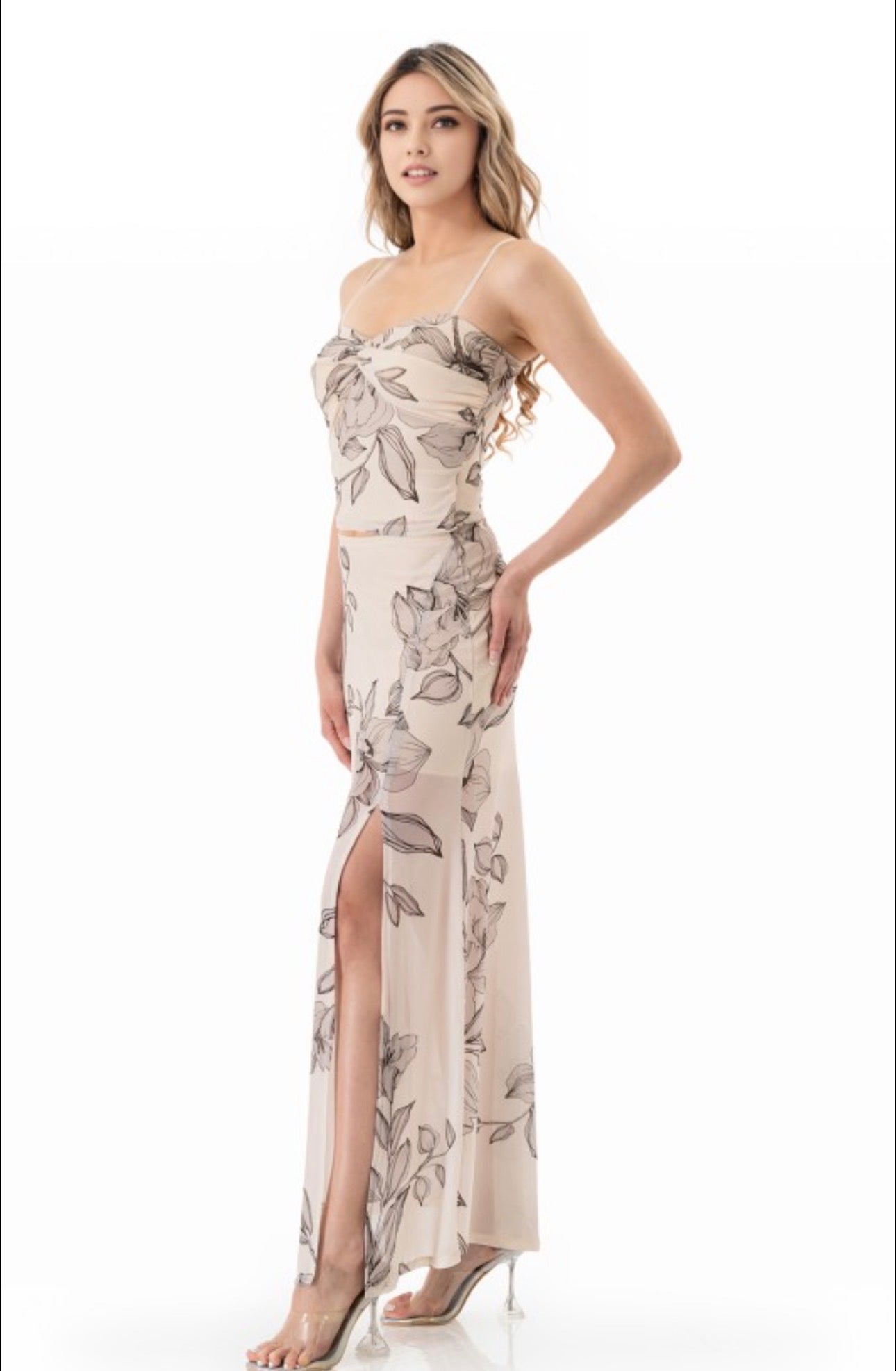 Cream Floral Mesh Two piece Piece