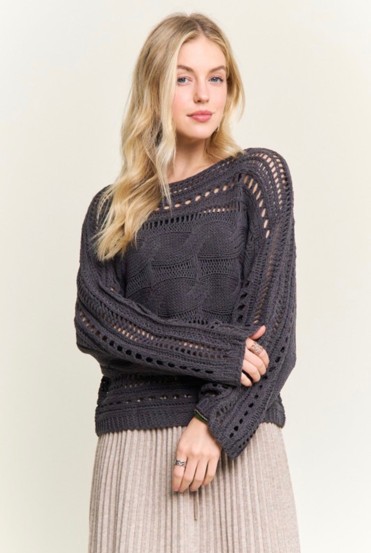 Cable Knit Openwork Long Sleeve Sweater