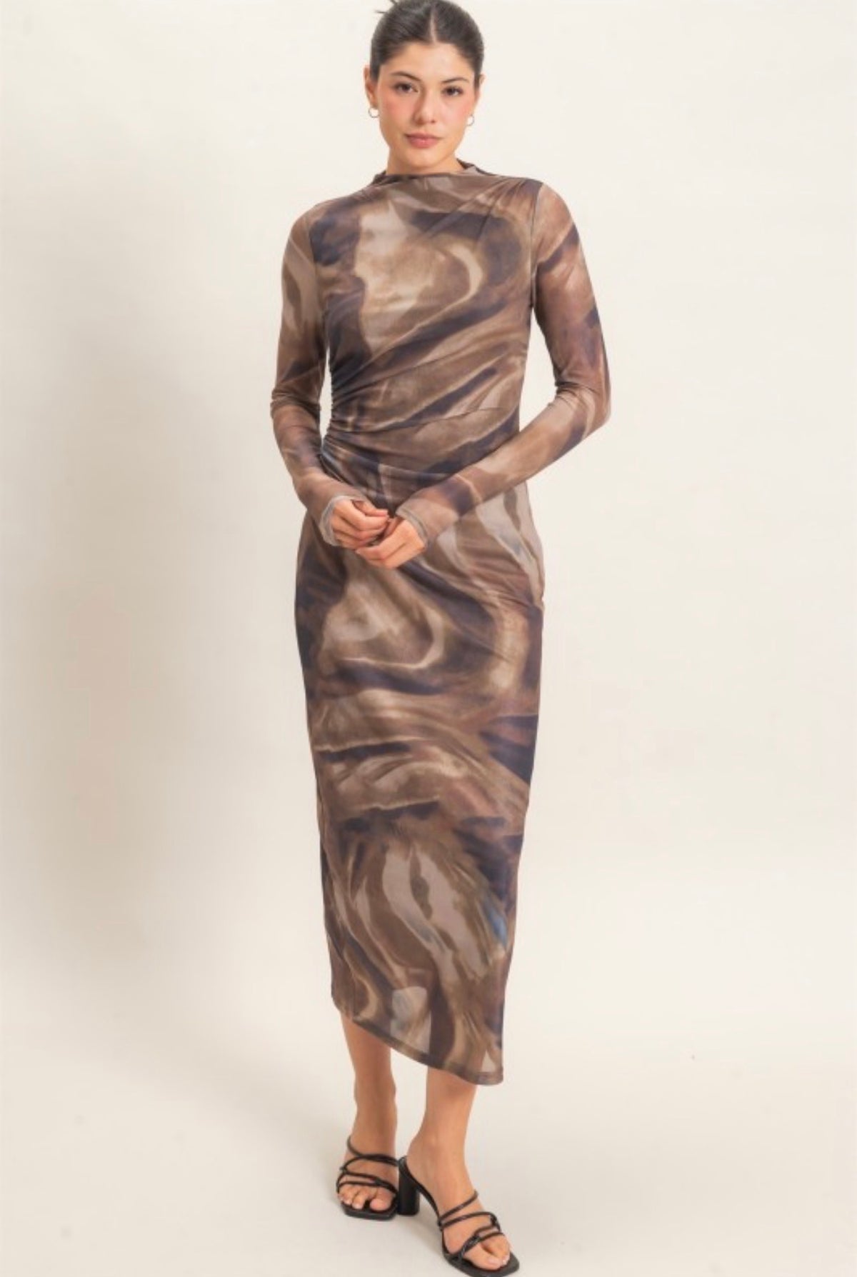 Abstract Brown Scrunch Side Long Sleeve Maxi Dress