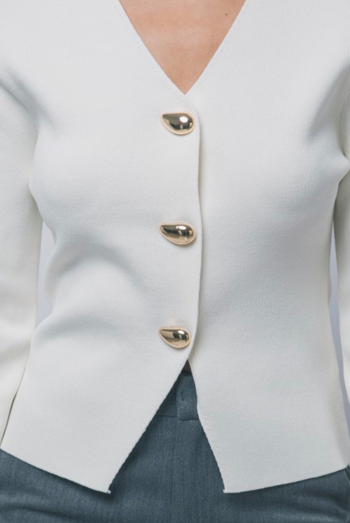 Split Front Ribbed Gold Button Front Cardigan