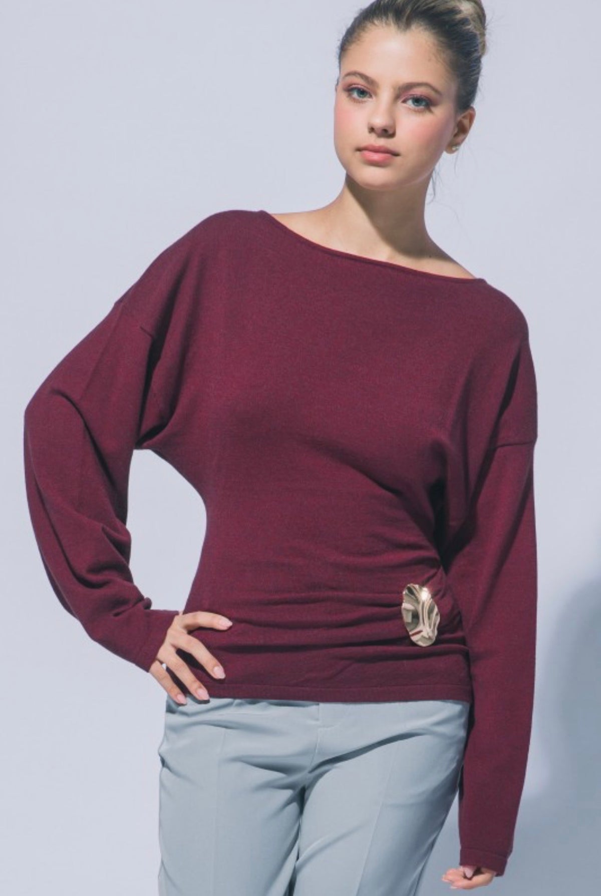 Boat Neck Long Sleeve Ruched with Gold Accent
