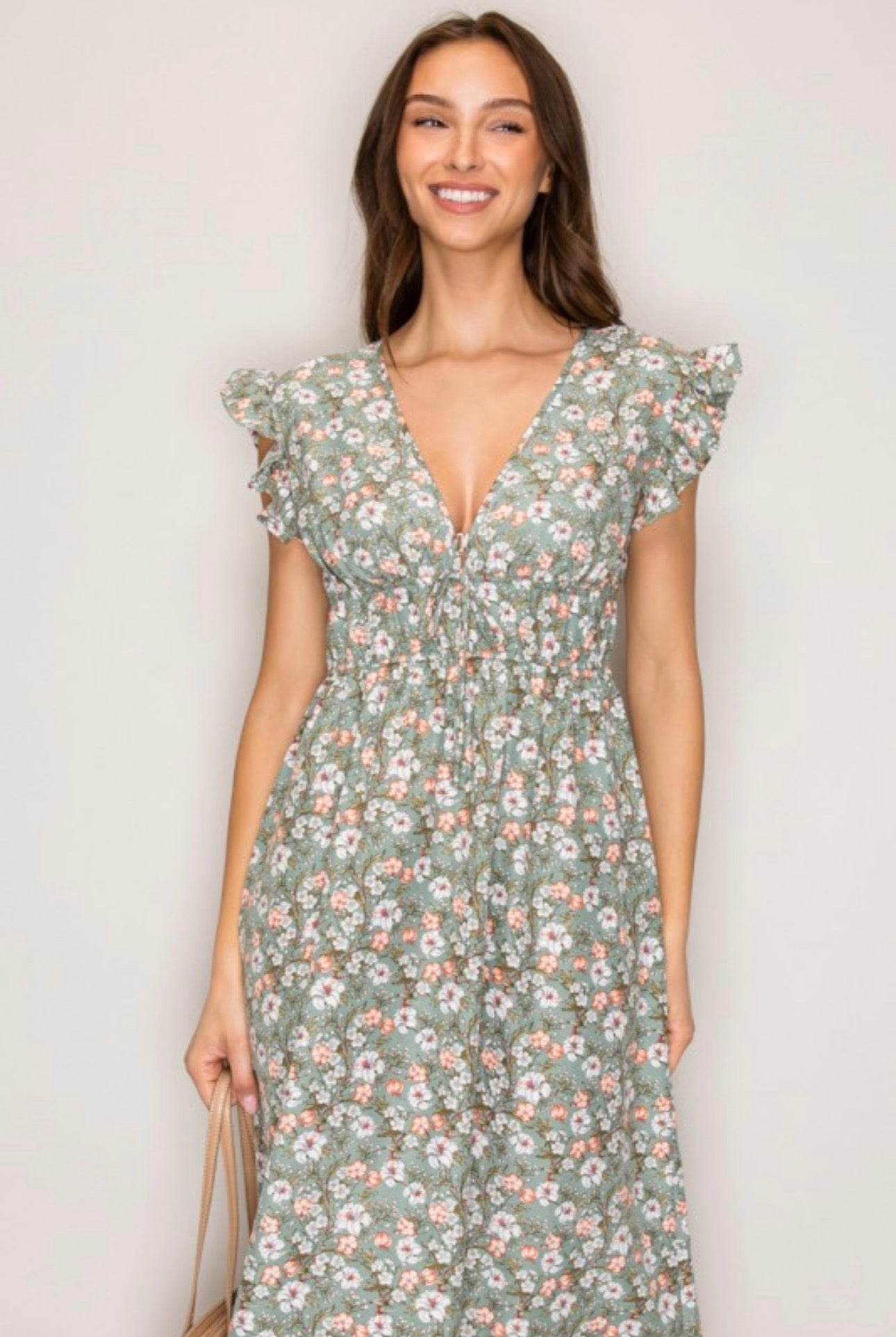 Spring Green Floral V-neck Short Sleeve Maxi Dress