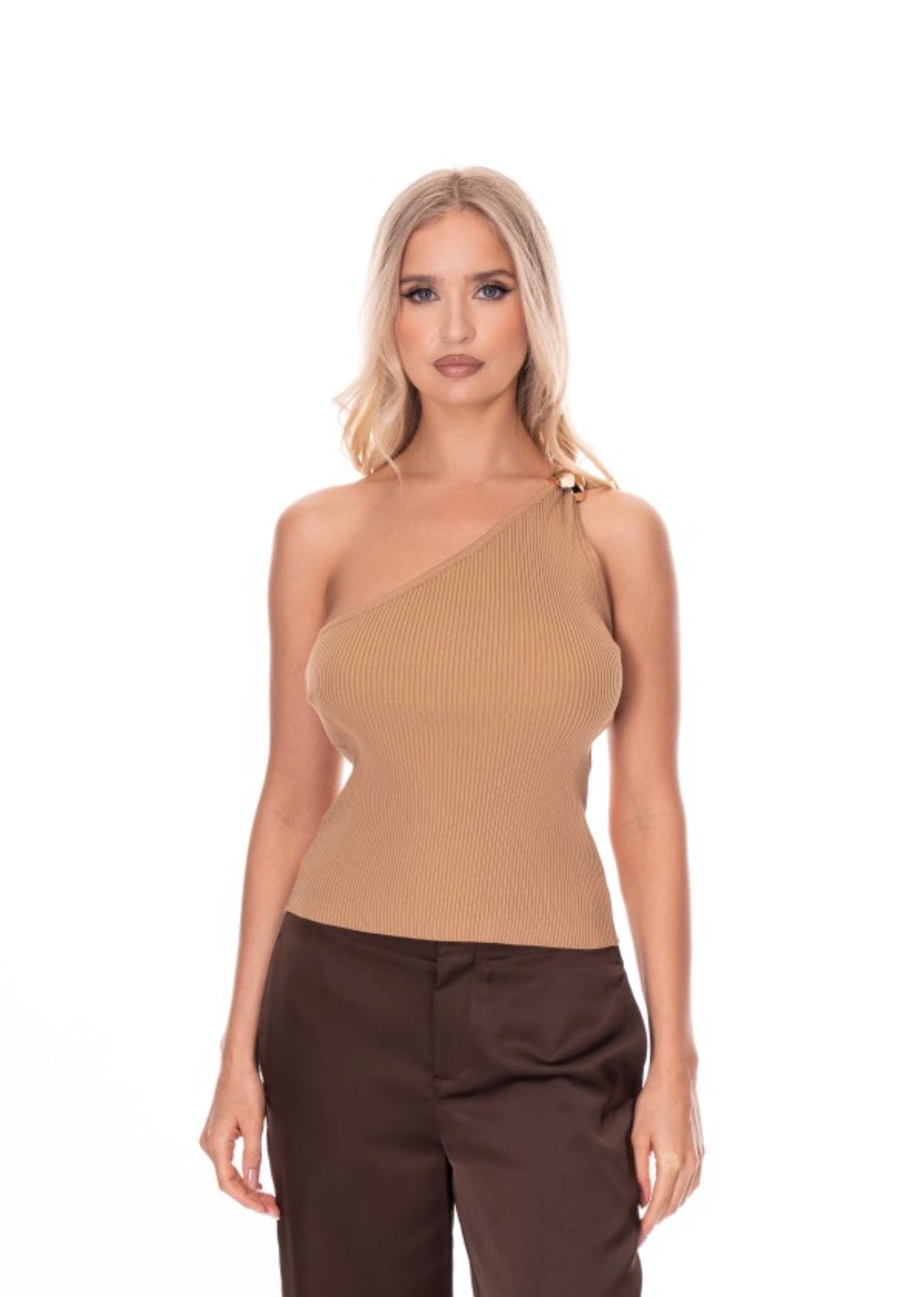 One Shoulder Cinch Tank with Gold Accent