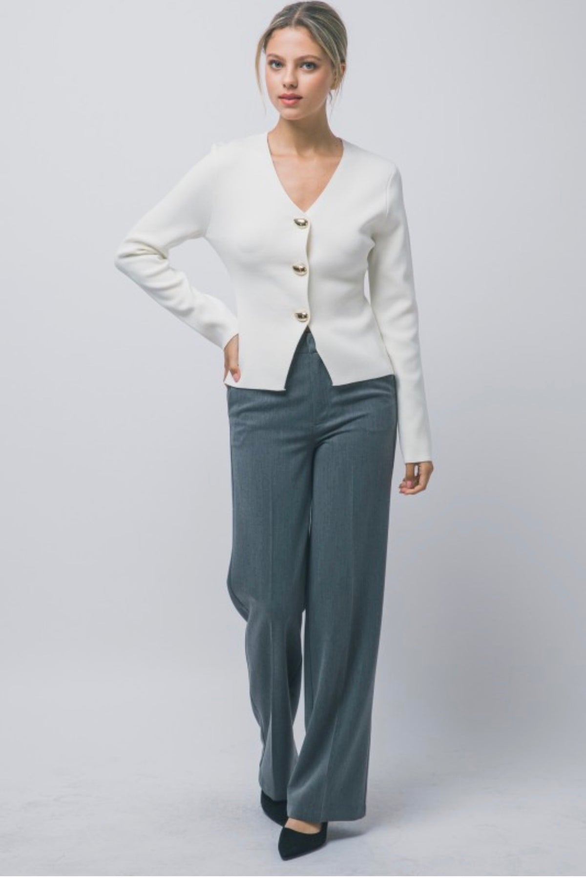 Split Front Ribbed Gold Button Front Cardigan