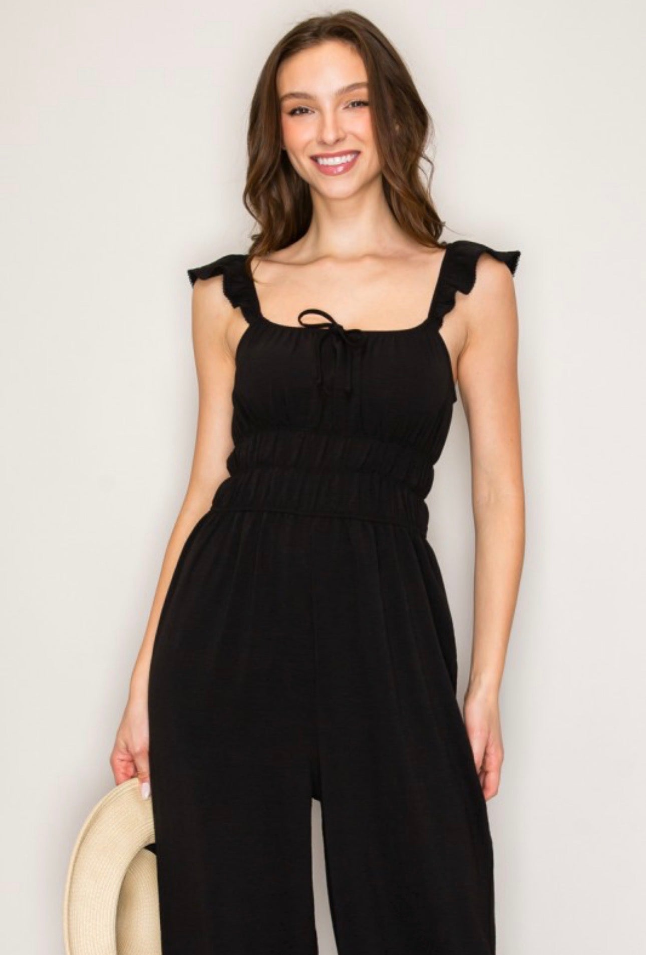 Black Peasant Smock Jumpsuit