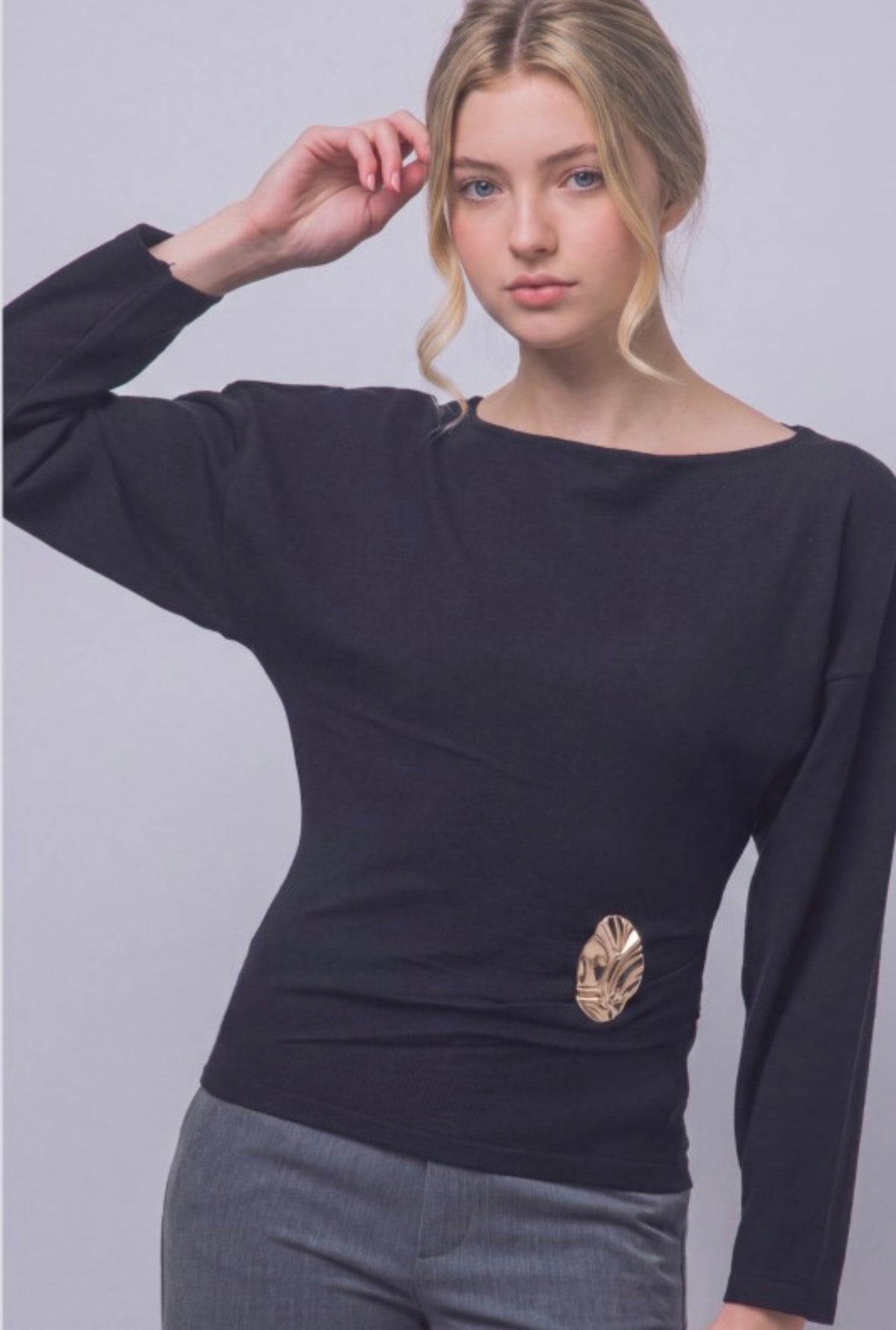 Boat Neck Long Sleeve Ruched with Gold Accent