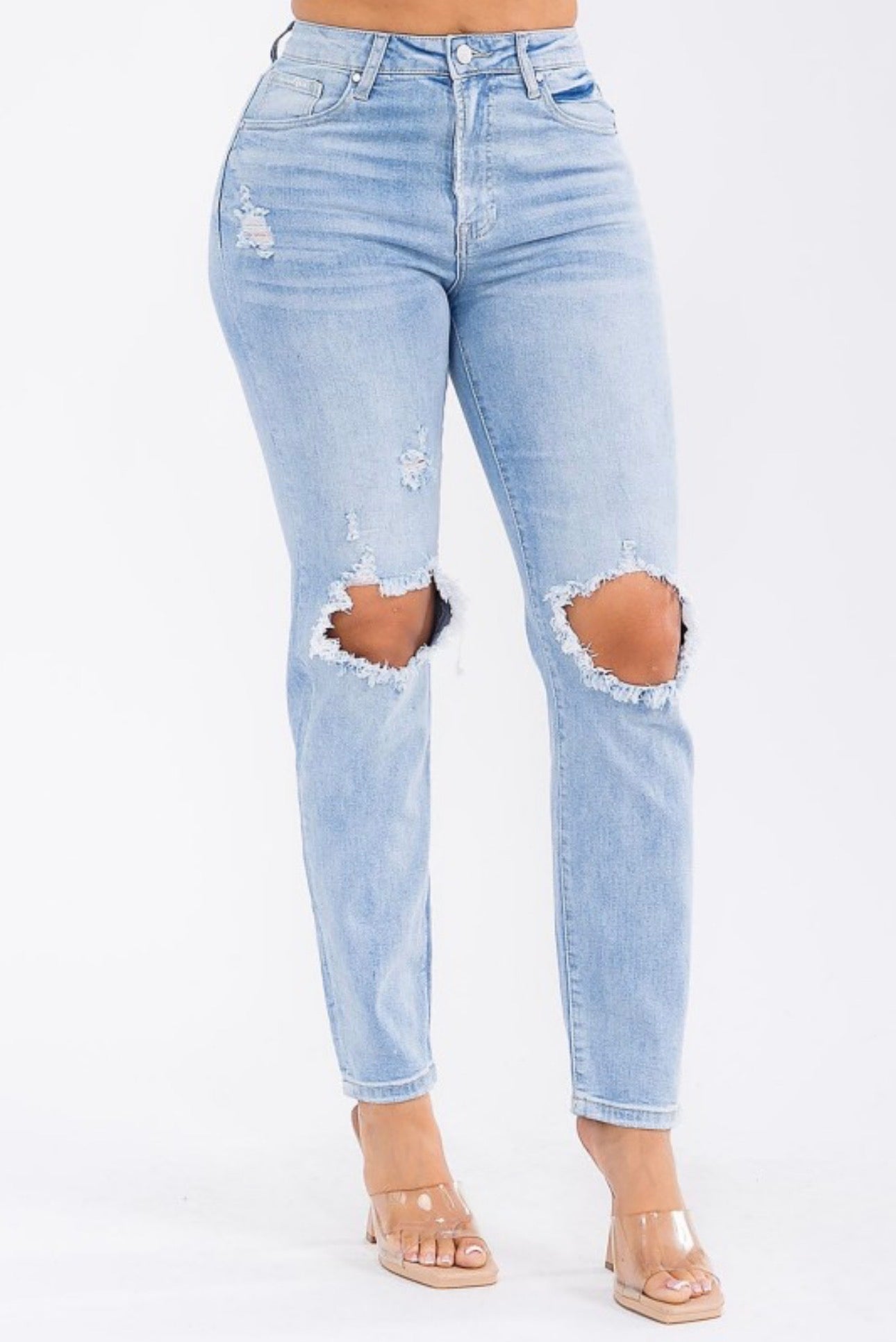 High Waist Distressed Knee Mom Jean