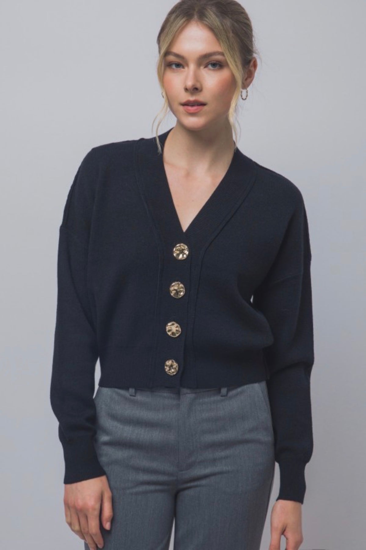 V Neck Cardigan with Gold Abstract Buttons